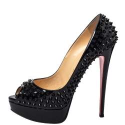 Pre Owned Christian Louboutin Black Patent Leather Lady Peep Toe Spike Platform Pumps Size 39