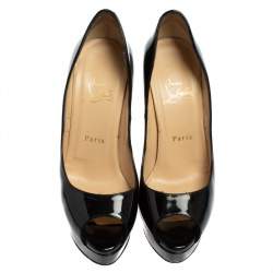 Pre Owned Christian Louboutin Black Patent Leather Very Prive Peep Toe Pumps Size 38.5