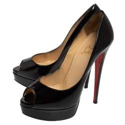 Pre Owned Christian Louboutin Black Patent Leather Very Prive Peep Toe Pumps Size 38.5