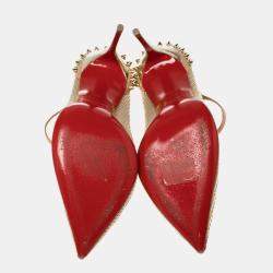 Pre Owned Christian Louboutin Beige Leather and Mesh Spike Strappy Sandals Size 39