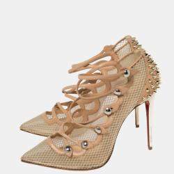 Pre Owned Christian Louboutin Beige Leather and Mesh Spike Strappy Sandals Size 39