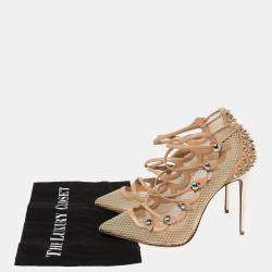 Pre Owned Christian Louboutin Beige Leather and Mesh Spike Strappy Sandals Size 39