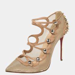 Pre Owned Christian Louboutin Beige Leather and Mesh Spike Strappy Sandals Size 39