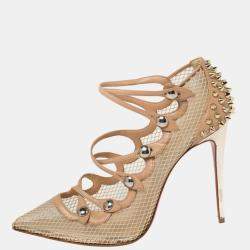 Pre Owned Christian Louboutin Beige Leather and Mesh Spike Strappy Sandals Size 39