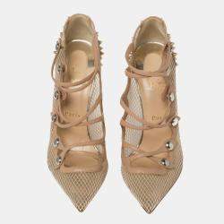 Pre Owned Christian Louboutin Beige Leather and Mesh Spike Strappy Sandals Size 39