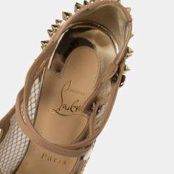 Pre Owned Christian Louboutin Beige Leather and Mesh Spike Strappy Sandals Size 39