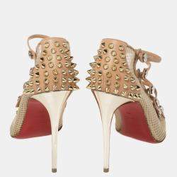 Pre Owned Christian Louboutin Beige Leather and Mesh Spike Strappy Sandals Size 39