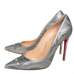 مملوكة مسبقًا حذاء كعب عالى كريستيان لوبوتان قصة ليزر كريستالي جلد فضي مقاس 37.5