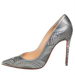 مملوكة مسبقًا حذاء كعب عالى كريستيان لوبوتان قصة ليزر كريستالي جلد فضي مقاس 37.5