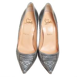 مملوكة مسبقًا حذاء كعب عالى كريستيان لوبوتان قصة ليزر كريستالي جلد فضي مقاس 37.5