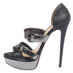 Christian Louboutin Black Glitter and Satin Ambertina Platform Sandals Size 39.5