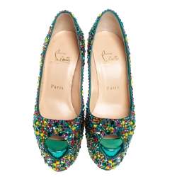 مملوكة مسبقًا Christian Louboutin Green Leather Highness Crystal Embellished Pumps Size 37.5