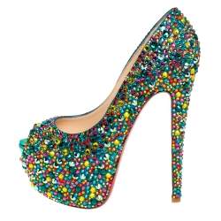 مملوكة مسبقًا Christian Louboutin Green Leather Highness Crystal Embellished Pumps Size 37.5