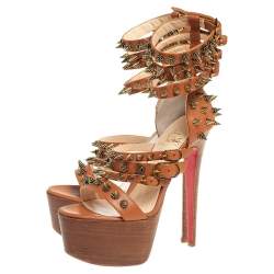 Pre Owned  Christian Louboutin Brown Leather Botticellita Spiked Platform Sandals Size 36