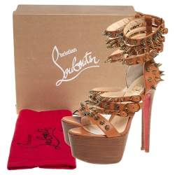Pre Owned  Christian Louboutin Brown Leather Botticellita Spiked Platform Sandals Size 36