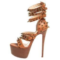 Pre Owned  Christian Louboutin Brown Leather Botticellita Spiked Platform Sandals Size 36