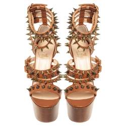 Pre Owned  Christian Louboutin Brown Leather Botticellita Spiked Platform Sandals Size 36