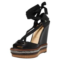 Pre Owned Christian Louboutin Black Leather Tribuli Platform Wedge Sandals Size 41