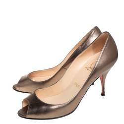Christian Louboutin Metallic Olive Green Leather Very Prive Peep Toe Pumps Size 39