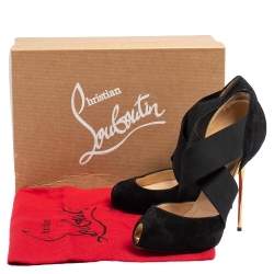 Pre Owned Christian Louboutin Black Suede And Elastic Big Dorcet Peep Toe Pumps Size 36.5