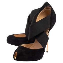 Pre Owned Christian Louboutin Black Suede And Elastic Big Dorcet Peep Toe Pumps Size 36.5