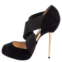 Pre Owned Christian Louboutin Black Suede And Elastic Big Dorcet Peep Toe Pumps Size 36.5