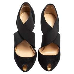 Pre Owned Christian Louboutin Black Suede And Elastic Big Dorcet Peep Toe Pumps Size 36.5