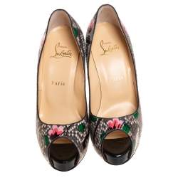 Pre Owned Christian Louboutin Grey Floral Print Python New Very Prive Peep Toe Pumps Size 37