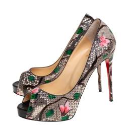 Pre Owned Christian Louboutin Grey Floral Print Python New Very Prive Peep Toe Pumps Size 37