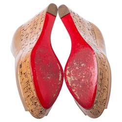 Pre Owned Christian Louboutin Beige Patent Leather Une Plume Cork Wedge Platform Sandals Size 38