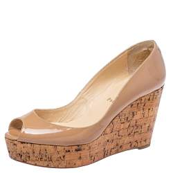 Pre Owned Christian Louboutin Beige Patent Leather Une Plume Cork Wedge Platform Sandals Size 38