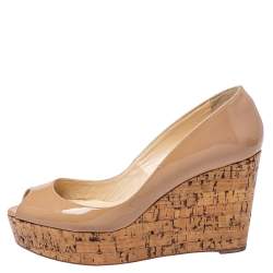 Pre Owned Christian Louboutin Beige Patent Leather Une Plume Cork Wedge Platform Sandals Size 38