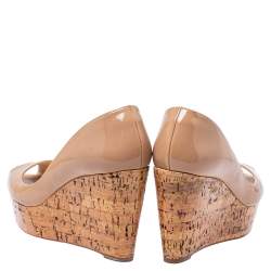 Pre Owned Christian Louboutin Beige Patent Leather Une Plume Cork Wedge Platform Sandals Size 38