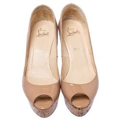 Pre Owned Christian Louboutin Beige Patent Leather Une Plume Cork Wedge Platform Sandals Size 38