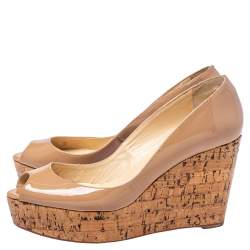 Pre Owned Christian Louboutin Beige Patent Leather Une Plume Cork Wedge Platform Sandals Size 38