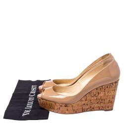 Pre Owned Christian Louboutin Beige Patent Leather Une Plume Cork Wedge Platform Sandals Size 38