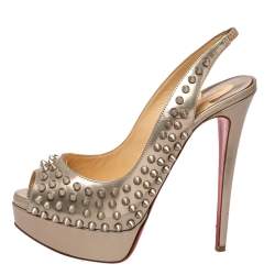Pre Owned Christian Louboutin Gold  Leather Clou Noeud Platform Slingback Sandals Size 37.5