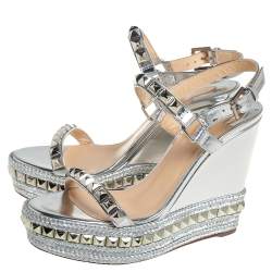 Pre Owned Christian Louboutin Silver Leather Pyraclou Pyadiam Studded Platform Ankle Strap Sandals Size 39