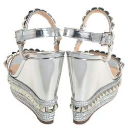 Pre Owned Christian Louboutin Silver Leather Pyraclou Pyadiam Studded Platform Ankle Strap Sandals Size 39