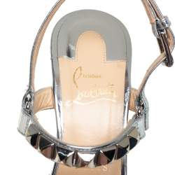 Pre Owned Christian Louboutin Silver Leather Pyraclou Pyadiam Studded Platform Ankle Strap Sandals Size 39