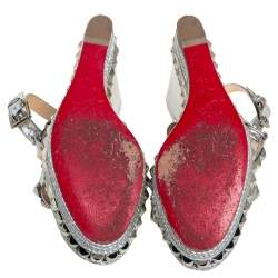 Pre Owned Christian Louboutin Silver Leather Pyraclou Pyadiam Studded Platform Ankle Strap Sandals Size 39