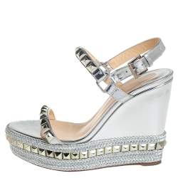 Pre Owned Christian Louboutin Silver Leather Pyraclou Pyadiam Studded Platform Ankle Strap Sandals Size 39