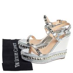 Pre Owned Christian Louboutin Silver Leather Pyraclou Pyadiam Studded Platform Ankle Strap Sandals Size 39