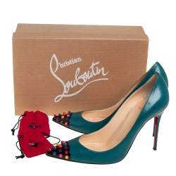 Pre Owned Christian Louboutin Green Leather Geo Spike Studded Pumps Size 39.5