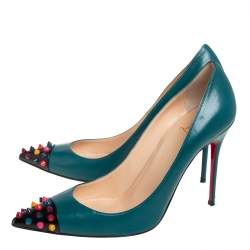 Pre Owned Christian Louboutin Green Leather Geo Spike Studded Pumps Size 39.5