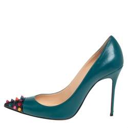 Pre Owned Christian Louboutin Green Leather Geo Spike Studded Pumps Size 39.5