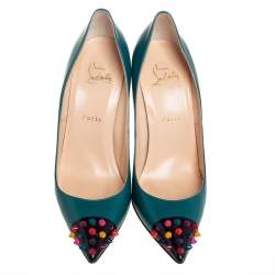Pre Owned Christian Louboutin Green Leather Geo Spike Studded Pumps Size 39.5