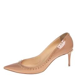 Pre Owned Christian Louboutin Beige Patent Leather Anjalina Spiked Pumps Size 40