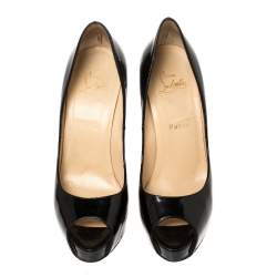 Pre Owned Christian Louboutin Black Patent Leather Very Prive Peep Toe Pumps Size 38.5