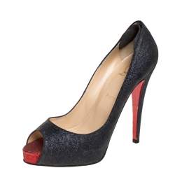 Pre Owned Christian Louboutin Grey Glitter Lady Peep Peep Toe Platform Pumps Size 40